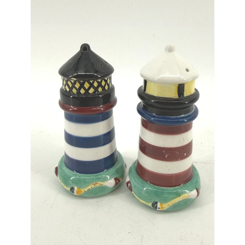 Lighthouse Salt and Pepper Shakers Nautical Multicolor Ceramic Set Coastal